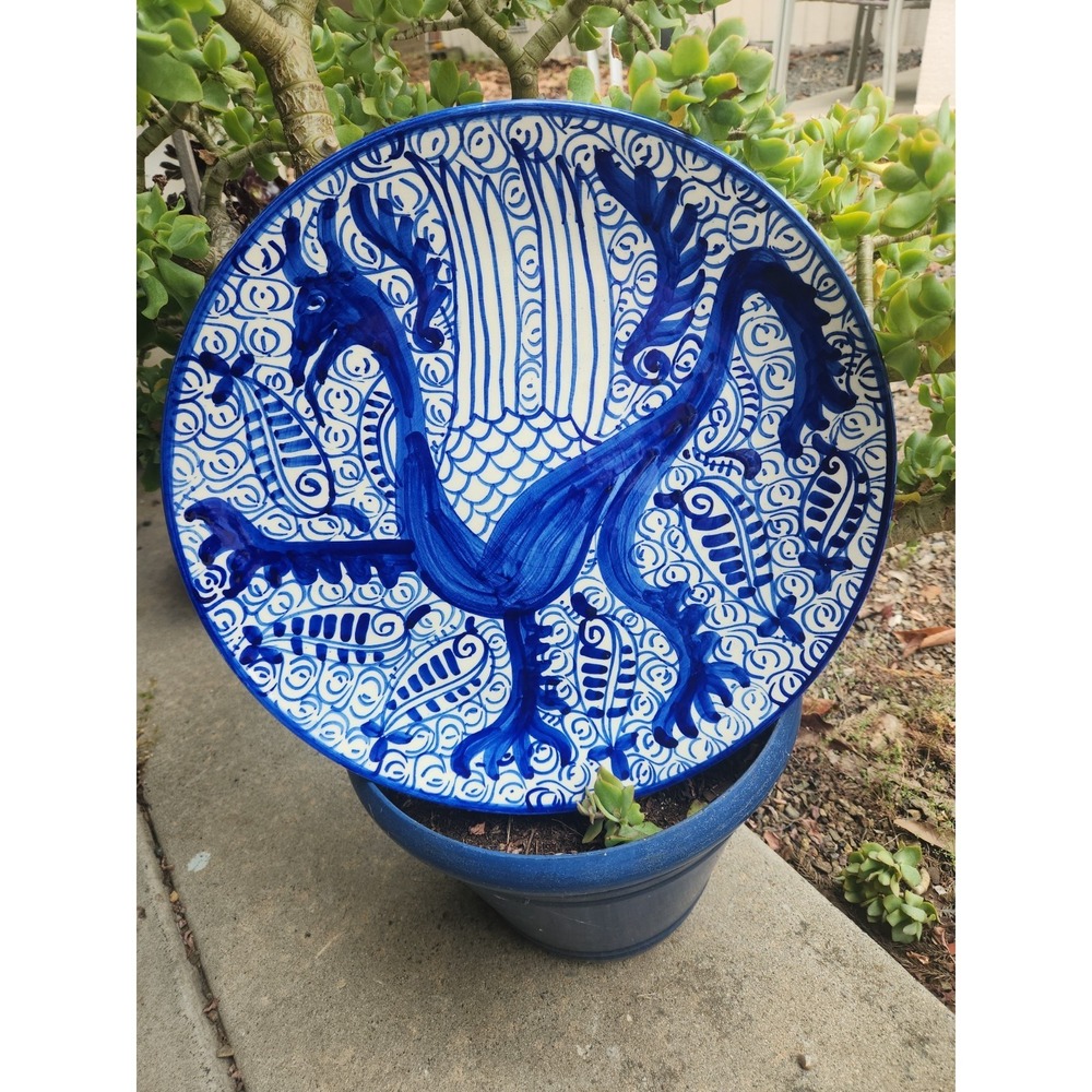 Vtg Hand Painted 15" Platter Blue & White Pottery Mythical Dragon Spain